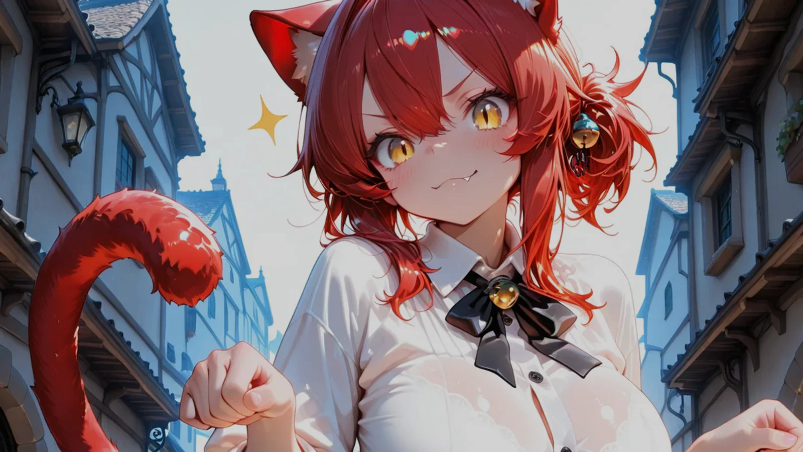 Catgirl Guild Worker, an adult ZBaiArt original character, in a SFW fantasy portrait
